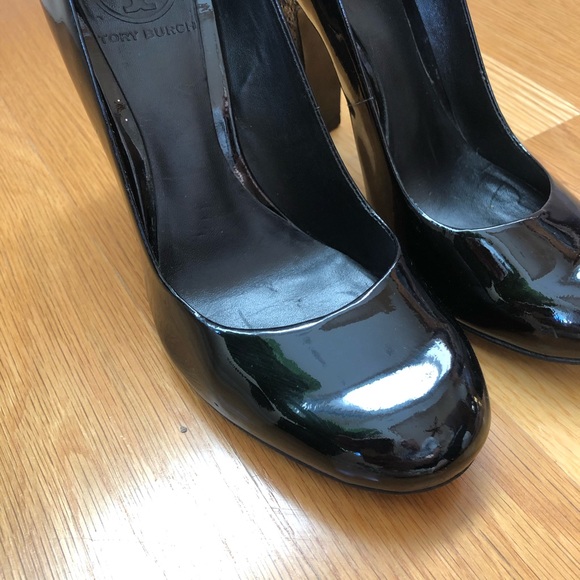$348~TORY BURCH~Black Patent Leather COLIN Glitter Heel Round Toe Pumps~7/7.5 - Picture 5 of 15